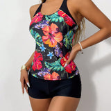 Set deportivo de traje de bano con tirantes espagueti estampado de flores de 2 piezas top tankini y bikini de fondos