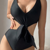 Swim Traje de bano sexy para mujer de una sola pieza anudado con recorte en el medio y diseno hueco en unicolor para vacaciones en la playa