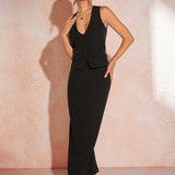 Cecilia Rodriguez X   BAE Traje de dos piezas elegante para mujer en negro compuesto por un chaleco profesional sexy con escote en V profundo y una falda larga con abertura