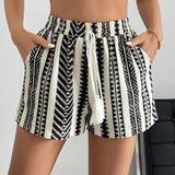 Tall Pantalones cortos de primavera con dibujos geometricos, cintura con cordon y borlas decorativas en el frente