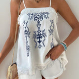 Essnce Conjunto de top y shorts de tirantes con borlas y estampado