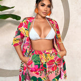 SXY Conjunto de 2 piezas: Kimono de cubierta con estampado tropical en diseno de hombros caidos y shorts con cintura delantera para vacaciones