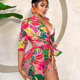 SXY Conjunto de 2 piezas: Kimono de cubierta con estampado tropical en diseno de hombros caidos y shorts con cintura delantera para vacaciones