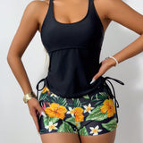 Conjunto deportivo de 2 piezas para traje de bano con top tankini de tirantes spaghetti estampado de flores y Bottom bikini