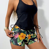 Conjunto deportivo de 2 piezas para traje de bano con top tankini de tirantes spaghetti estampado de flores y Bottom bikini