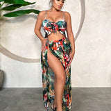 SXY Conjunto de dos piezas de ropa de playa para mujeres - Sexy estampado tropical de plantas para vacaciones de verano en la playa