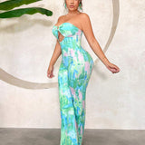 SXY Bohemian Cute Resort Beach Wear Vacation Sexy Boho Summer Outfits Long Tie-Dye Strapless Hollow Out Wide Leg Jumpsuit For Women