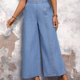 LUNE Jeans casuales para mujer de pierna ancha y suelta con diseno de botones diarios