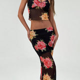 Aloruh Conjunto de dos piezas para mujer perfecto para vacaciones, formado por un top corto de cami elegante con estampado floral y malla transparente, y una falda de sirena.
