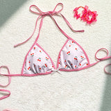 Swim Mod Parte superior de bikini para unas vacaciones en la playa con estampado de cerezas y ribete a cuadros