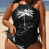Swim Vcay Conjunto de tankini para mujeres de talla grande para vacaciones de verano en la playa con estampado de letras de palmeras
