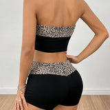 PETITE Conjunto de sujetador bandeau y shorts con estampado de leopardo