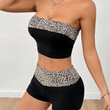 PETITE Conjunto de sujetador bandeau y shorts con estampado de leopardo