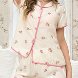 CottageSlumber Conjunto de pijama para mujer con estampado floral, dobladillo con borde, escote en V con frente abierto, mangas cortas y pantalon corto