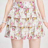 ROMWE Fairycore Falda corta de capas dulces con estampado floral y dobladillo con volantes para mujer, ideal para verano