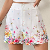 Essnce Pantalones cortos estampados florales para mujeres con fruncido, ideales para vacaciones y tiempo libre
