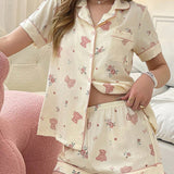 Conjunto de pijama para mujeres con estampado de flores pequenas y ositos