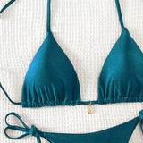 Swim Conjunto de bikini sexy de cuello halter de unicolor para mujer para vacaciones y natacion en la playa de verano