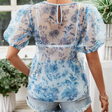 VCAY Blusa holgada de manga corta con estilo vacacional para mujer, con tejido de tela de brodshcloth tejido y cuello redondo