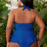 Swim Vcay Top de bikini sin mangas de talla grande de unicolor para mujer con correa para el cuello para uso diario