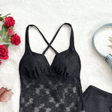 WYWH Conjunto casual y romantico de encaje negro de 2 piezas para mujer, ideal para vacaciones