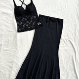 WYWH Conjunto casual y romantico de encaje negro de 2 piezas para mujer, ideal para vacaciones