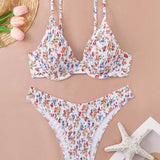 VCAY Set de bikini sexy de cuello halter y flores pequenas para mujer, ideal para vacaciones en la playa