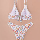 VCAY Set de bikini sexy de cuello halter y flores pequenas para mujer, ideal para vacaciones en la playa