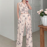 DAZY Conjunto de top sin mangas y pantalones largos para mujeres con estampado floral simple