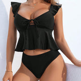 Swim Chicsea Tankini de mangas de mariposa con corbata frontal y dobladillo de volantes de unicolor para mujer en vacaciones