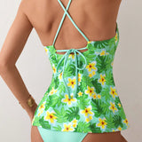 Swim Top de Tankini para mujer con estilo de vacaciones y estampado floral con pantalones cortos de bano solidos