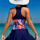Swim Lushore Traje de bano femenino con tirantes impresos y estilo de vacaciones con falda de bano