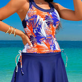 Swim Lushore Traje de bano femenino con tirantes impresos y estilo de vacaciones con falda de bano