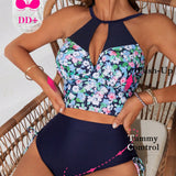 Swim Juego de traje de bano de dos piezas para mujeres con estampado floral aleatorio y detalles de empalme