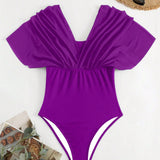Swim Traje de bano completo de una sola pieza para mujer con mangas cortas y unicolor, elegante para la playa en verano