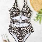 Swim Mujeres Leopard Print Hollow Out Lace-Up One-Piece Swimsuit