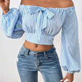 Top de cosecha para primavera/verano de mujer con mangas de linterna y Enterizo en la parte delantera, camisa fruncida sin hombros