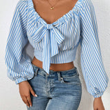 Top de cosecha para primavera/verano de mujer con mangas de linterna y Enterizo en la parte delantera, camisa fruncida sin hombros