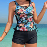 Swim Lushore Conjunto de traje de bano de dos piezas estampado de estilo de vacaciones para mujeres