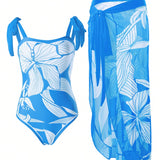 Swim Oasis Traje de bano de una pieza para mujer con estampado de plantas, con tirantes en el hombro y falda cubierta a juego, ideal para vacaciones de verano en la playa.