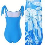 Swim Oasis Traje de bano de una pieza para mujer con estampado de plantas, con tirantes en el hombro y falda cubierta a juego, ideal para vacaciones de verano en la playa.