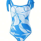 Swim Oasis Traje de bano de una pieza para mujer con estampado de plantas, con tirantes en el hombro y falda cubierta a juego, ideal para vacaciones de verano en la playa.