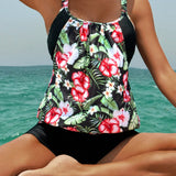 Swim Lushore Conjunto de camisola y shorts tankini huecos con estampado de plantas tropicales para mujer para vacaciones, impresion al azar