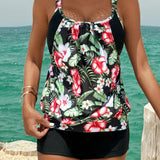 Swim Lushore Conjunto de camisola y shorts tankini huecos con estampado de plantas tropicales para mujer para vacaciones, impresion al azar