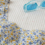 WYWH Top estilo babydoll holgado de cuello cuadrado para mujer "WYWH Vacation" - Top estilo babydoll de cuello cuadrado con estampado floral azul y mangas con volantes