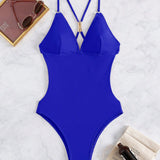 Swim Vestido de una pieza con tirantes cruzados en la espalda de moda para mujer en color azul