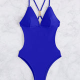 Swim Vestido de una pieza con tirantes cruzados en la espalda de moda para mujer en color azul