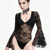 ROMWE Goth Traje de bano de una pieza elegante de manga acampanada de encaje para mujer