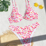 Swim Mod Conjunto de traje de bano para vacaciones en la playa con sujetador de flores pequenas y fondo de bikini grande para tallas grandes en verano