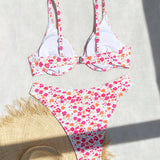 Swim Mod Conjunto de traje de bano para vacaciones en la playa con sujetador de flores pequenas y fondo de bikini grande para tallas grandes en verano